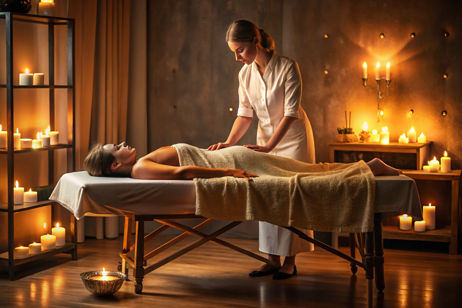 Une scène de massage relaxant dans une pièce tamisée, avec une personne allongée sur le ventre sur une table de massage, recouverte d