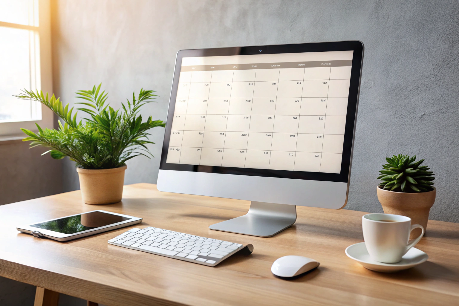 Un bureau épuré avec un ordinateur affichant un calendrier de réservation, un téléphone sans fil posé à côté, et une tasse de café, le tout dans une ambiance chaleureuse et professionnelle, sans aucun texte ou marque visible
