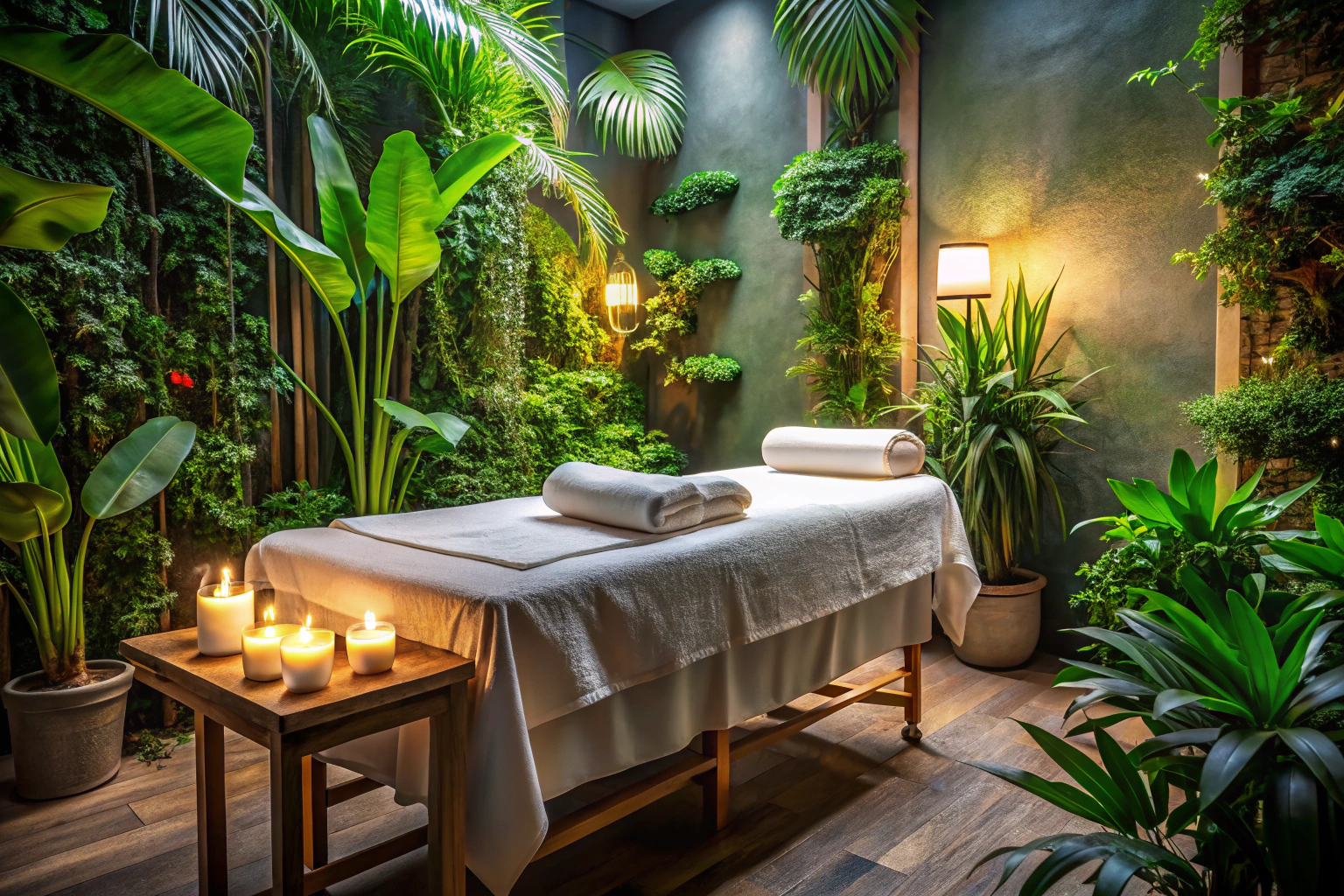 Une salle de massage paisible avec une table de massage recouverte de linge blanc, éclairée par une lumière tamisée et entourée de plantes vertes, évoquant la sérénité et le confort