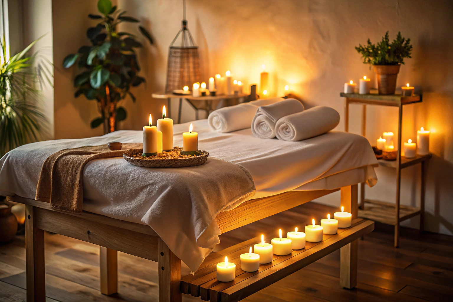 Une pièce calme et chaleureuse avec un matelas de massage recouvert de draps blancs, entouré de bougies non allumées et de flacons d huile essentielle sur une table basse en bois, sans aucun texte ou logo visible