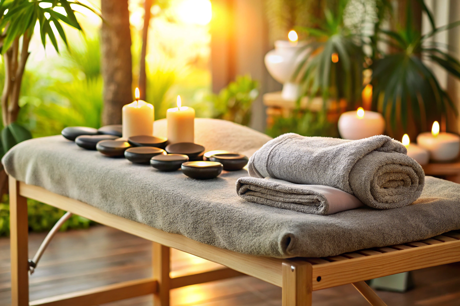 Une table de massage avec des pierres chaudes placées stratégiquement sur le dos, entourées de serviettes douces et d